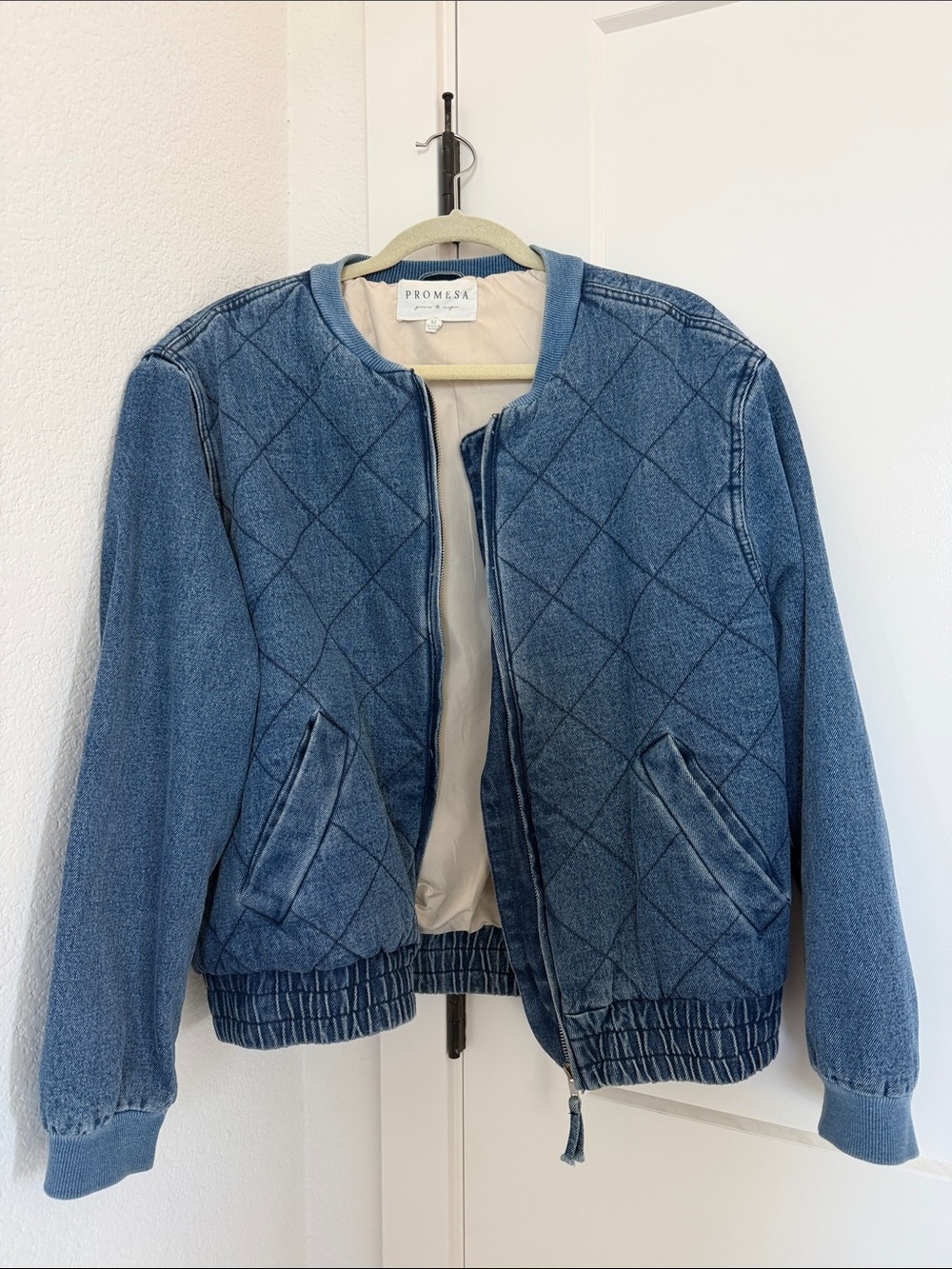 Promesa Light Blue Quilted Denim Bomber Jacket